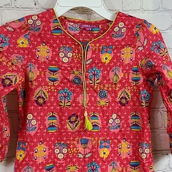 BIBA Girls Pink Bird Floral Cotton Straight Printed Kurta Indian Tunic Spring - Picture 2 of 10